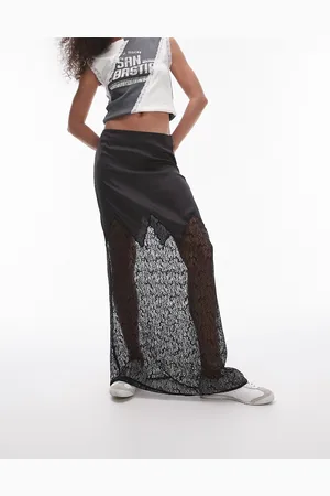 Topshop Falda larga negra de mezcla de encaje y satén de