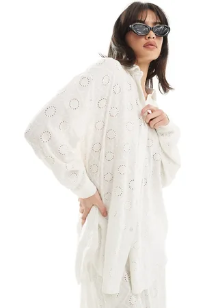 Iisla & Bird Camisa playera color de manga larga con detalle de paneles con bordado inglés de (parte de un conjunto)-Blanco