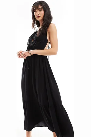 Esmée Vestido playero largo escalonado de tirantes con abertura y lazada en la parte delantera de