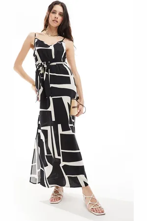 VERO MODA Vestido largo con estampado abstracto, cuello de pico y lazada en la cintura de -Negro