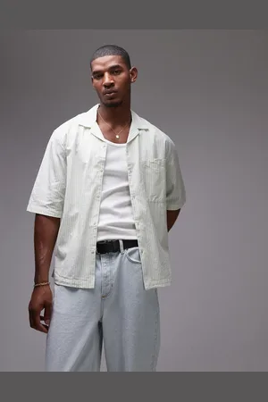 Topman Camisa color crudo a rayas de corte cuadrado y manga corta de -Blanco