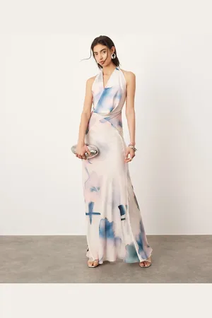 ASOS Vestido largo azul transparente con estampado floral difuminado y cuello desbocado llamativo de -Multicolor