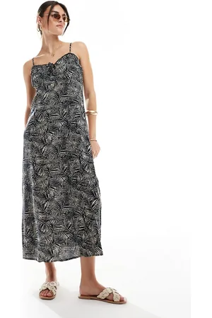 ONLY Vestido midi azul de tirantes con estampado de hojas de