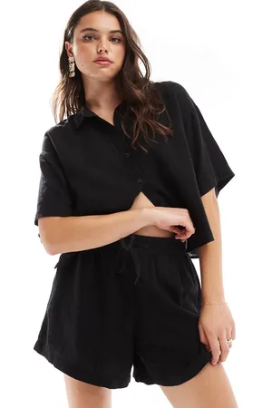 VERO MODA Pantalones cortos negros de corte acampanado suelto de mezcla de lino Mix & Match de