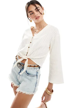 JDY Camisa color con cuello de pico y lazada delantera de -Blanco