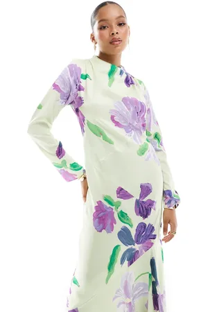 ASOS Vestido largo con cuello subido, detalle de costuras y estampado floral grande de satén de -Multicolor