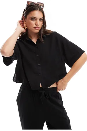 VERO MODA Camisa negra de manga corta y corte cuadrado de mezcla de lino Mix & Match de