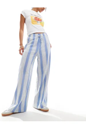 ONLY Pantalones a rayas blancas y azules de pernera ancha de lino de