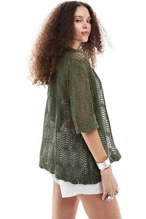 Monki Camisa verde abotonada de manga corta de punto de croché de