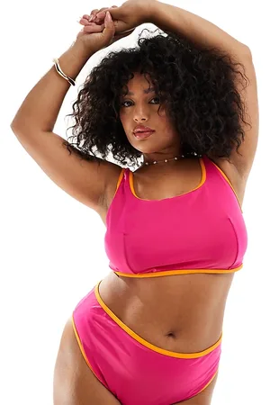 ASOS Braguitas de bikini rosas de pernera y talle altos con ribetes en contraste de Curve
