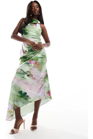 True Violet Vestido midi verde estampado con cuello desbocado de