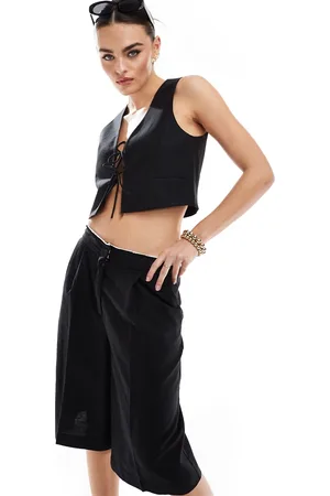 MANGO Pantalones cortos negros con detalle de doble cinturilla de mezcla de lino de (parte de un conjunto)