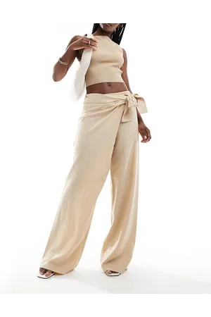 MANGO Pantalones con detalle cruzado en la parte delantera de mezcla de lino de - neutro
