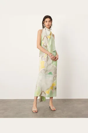 ASOS Vestido midi con , cuello halter y detalle drapeado de -Multicolor