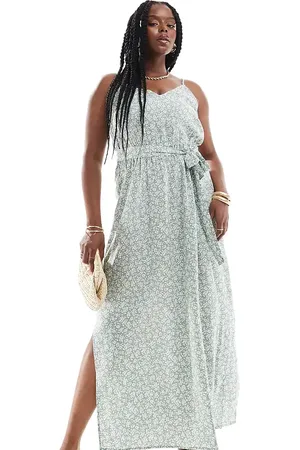 VERO MODA Vestido largo verde salvia con cuello de pico, estampado floral y detalle de lazada en la cintura de