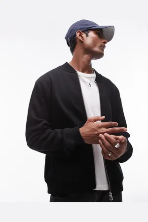 Topman Chaqueta bomber negra de tejido de sudadera grueso premium de