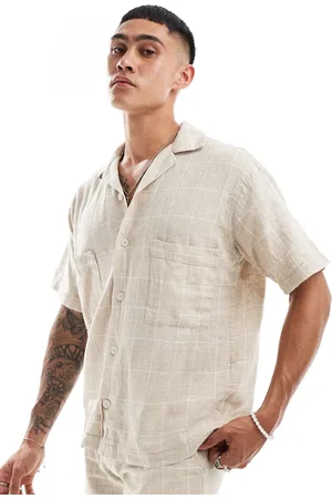 JACK & JONES Camisa a cuadros con cuello de solapas de mezcla de lino de Premium (parte de un conjunto)- neutro