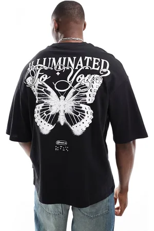 JACK & JONES Camiseta negra extragrande con estampado de mariposa en la espalda de