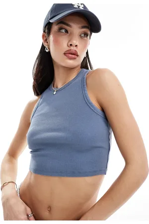 New Look Camiseta corta azul añil sin mangas con lavado ácido de -Morado