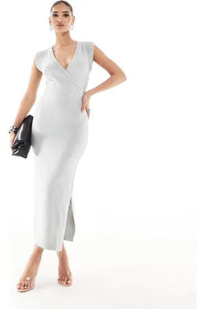 River Island Vestido midi gris jaspeado con detalle cruzado de -Azul