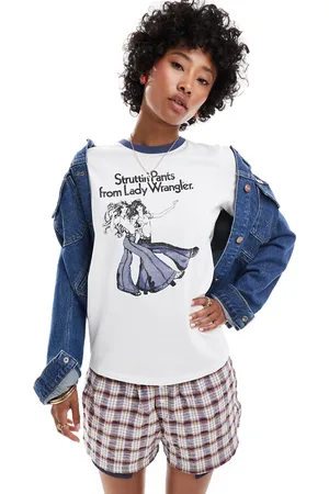 Wrangler Camiseta blanca con estampado gráfico de estilo wéstern y ribetes de