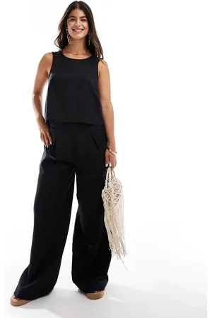 Pieces® Pantalones negros de pernera ancha de mezcla de lino de (parte de un conjunto)