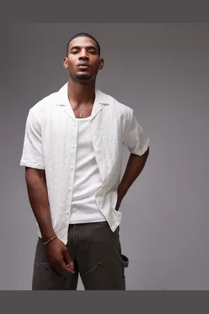 Topman Camisa blanca de manga corta con diseño de cuadrícula texturizado de -Beis neutro