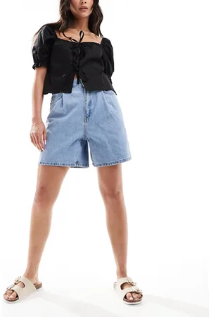 MANGO Pantalones cortos vaqueros de talle alto y corte holgado de
