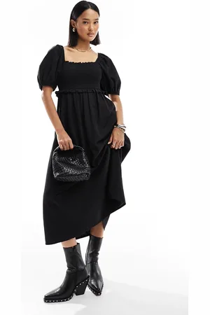 New Look Vestido midi fruncido con mangas abullonadas de mezcla de lino de