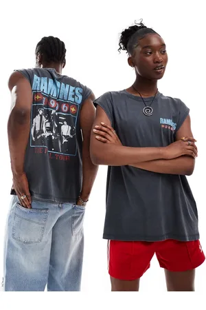 ASOS Camiseta negro lavado unisex extragrande sin mangas con estampados gráficos de los Ramones de