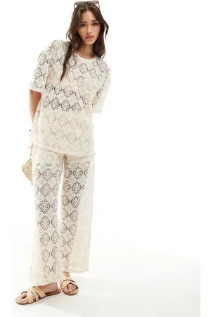 JDY Pantalones color de pernera ancha de croché con pantalones cortos interiores de (parte de un conjunto)-Beis neutro