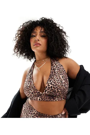 ASOS Top de bikini triangular de copas altas con estampado de leopardo y cuello halter Mindy de Curve-Multicolor