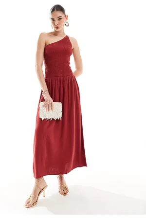 4th & Reckless Vestido largo rojo lavado asimétrico y fruncido con cintura baja de mezcla de lino de