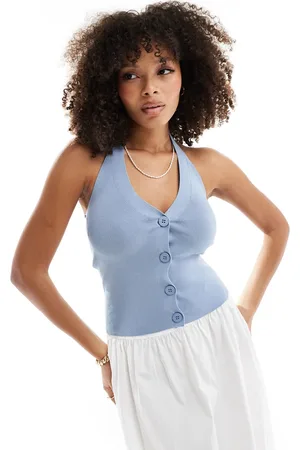 Pimkie Top azul abotonado con cuello halter de punto de