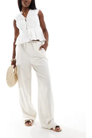 Pieces® Pantalones color de pernera ancha con cordón ajustable en la cinturilla de mezcla de lino de -Blanco