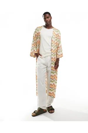 ASOS Kimono a rayas color melocotón y verde lima de croché de