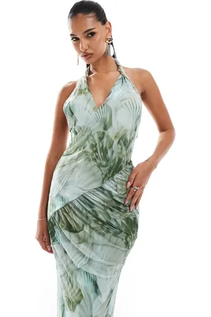 ASOS Vestido largo en tonos verdes con , cuerpo drapeado y cuello halter retorcido de malla de -Multicolor