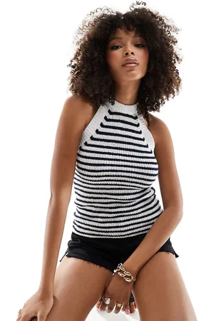 Pimkie Top a rayas blancas y azules con cuello de nadadora de punto de -Multicolor
