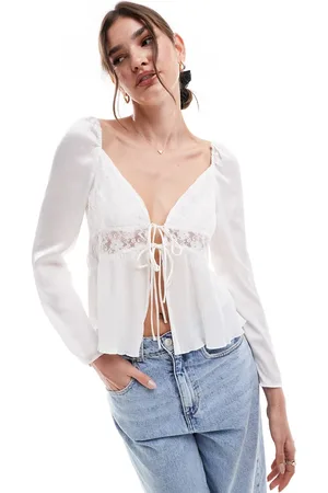 VERO MODA Top de manga larga con lazada delantera e insertos de encaje de