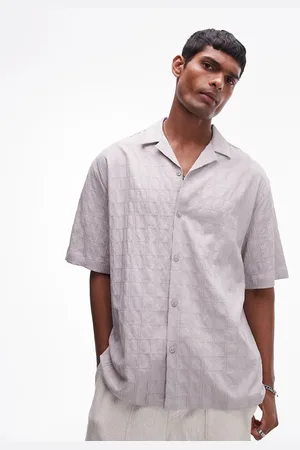 Topman Camisa de manga corta con patrón texturizado de cuadrícula de -Blanco