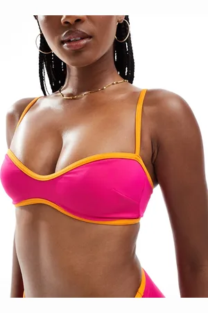 ASOS Top de bikini rosa con escote moldeado palabra de honor y ribetes en contraste de