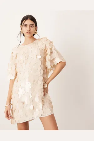 ASOS Vestido corto blanco hueso estilo camiseta de lentejuelas mate grandes de