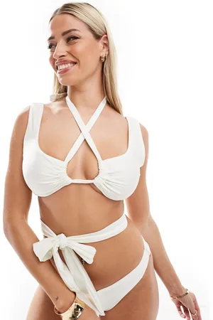 ASOS Top de bikini de copas grandes blanco estilo top corto con lazada delantera y diseño envolvente de