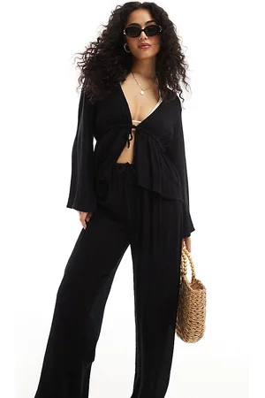 Esmée Pantalones playeros negros con lazada de tejido efecto rugoso de (parte de un conjunto)-Azul
