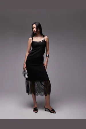 Topshop Vestido midi con cuello ancho, forro extraíble y insertos de encaje premium de