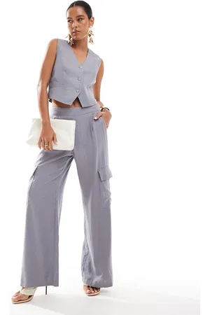 JDY Pantalones de sastre grises de pernera ancha de estilo cargo de lino de (parte de un conjunto)