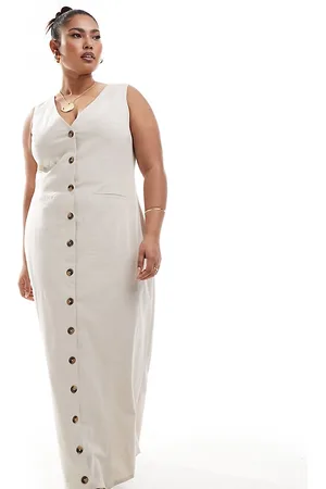 ASOS Vestido corto color estilo chaleco abotonado de mezcla de lino de ASOS DESIGN Curve-Beis neutro