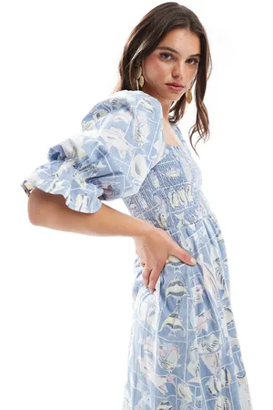 Object Vestido midi azul lavado amplio con estampado de peces vintage de