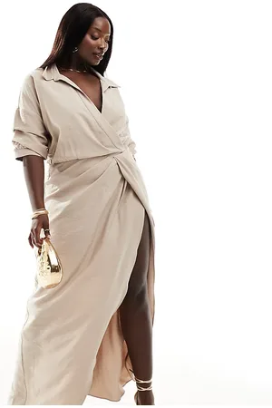 ASOS Vestido largo lavado con cuello de solapas y detalle cruzado en la cintura de ASOS DESIGN Curve-Beis neutro
