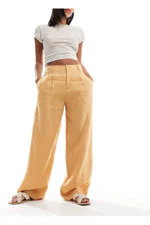 MANGO Pantalones naranjas de pernera recta de lino de